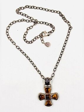 Studio Barse Vintage Sterling Silver Tigers Eye Cross Pendant 18”Chain Necklace